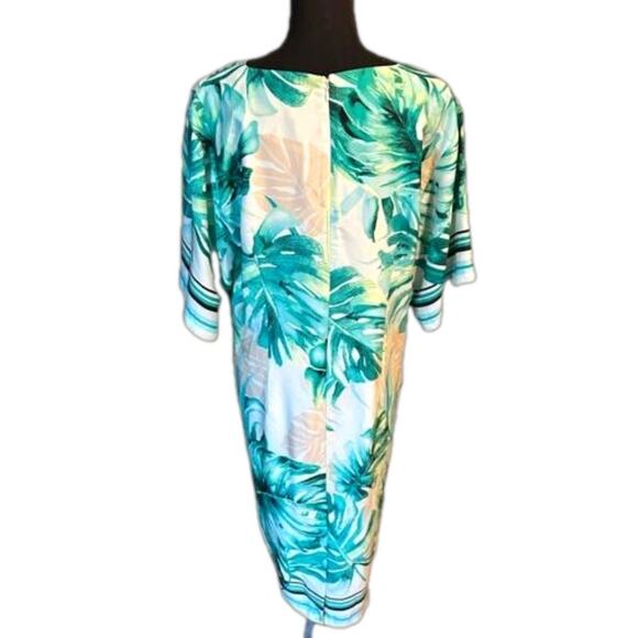Chico’s Black Label Asymmetrical Palm-Print Kimono Dress Elegant Statement Piece - Picture 3 of 9